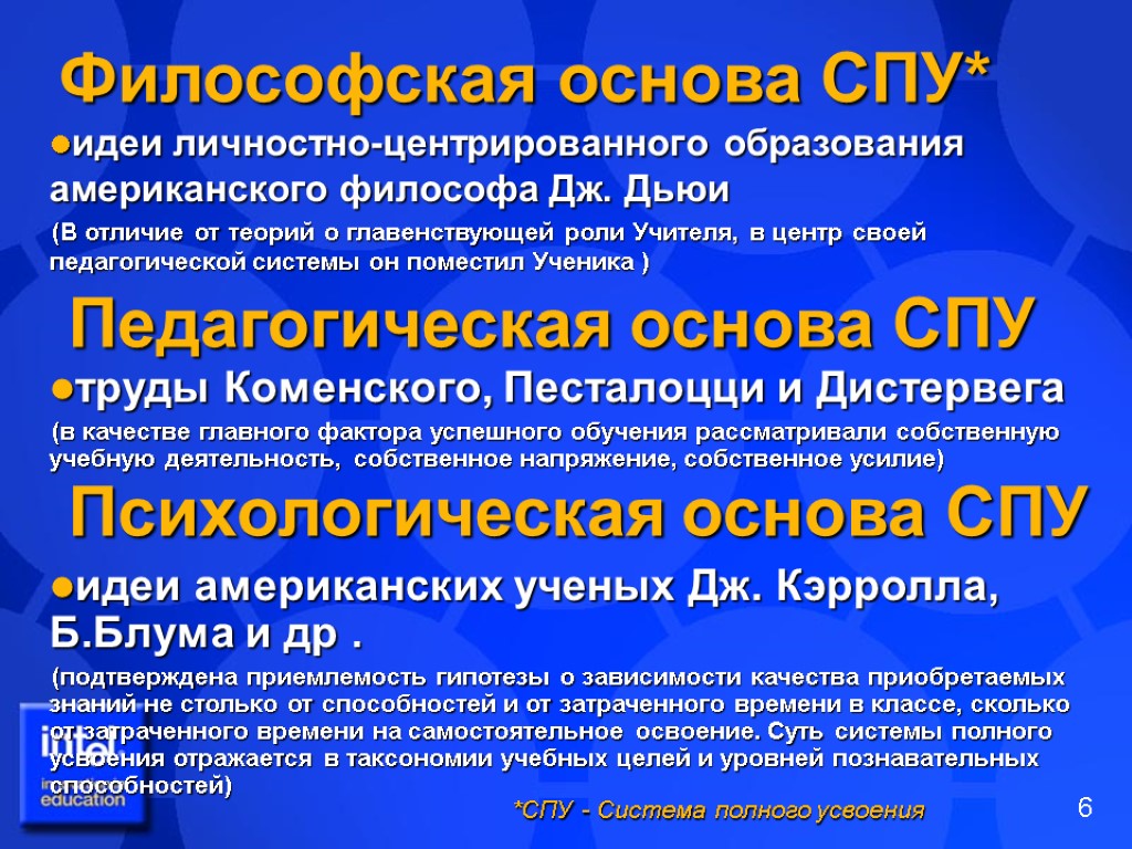 Философская основа СПУ* идеи личностно-центрированного образования американского философа Дж. Дьюи (В отличие от теорий